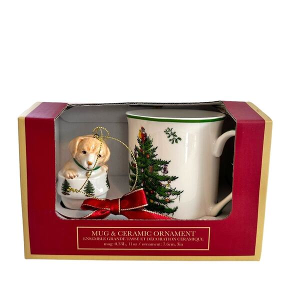 Spode Christmas Tree Mug and Puppy In Boot Ceramic Ornament Set In Box New - Picture 4 of 11